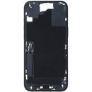 Chasis medio negro de iPhone 16 Plus usado con puerto de carga flex y pequeñas partes para reparación.