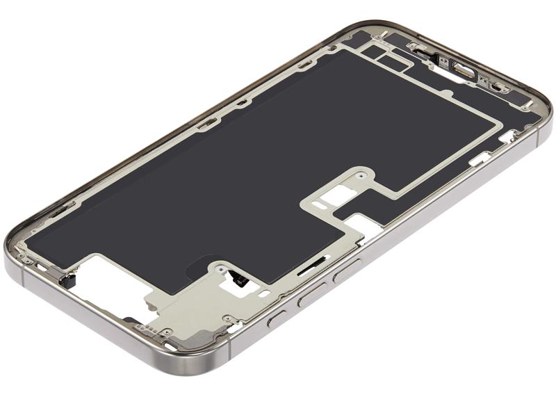 Encuentra la carcasa intermedia con botones de encendido y volumen para iPhone 16 Pro Max en Guatemala, disponible en grado A y color titanio natural.