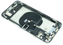 Tapa trasera plateada para iPhone XS (A1920, A2097) con puerto de carga y pequeños componentes preinstalados.