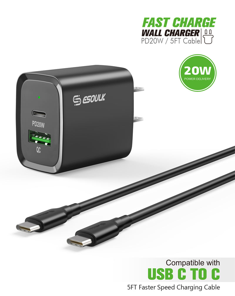 Encuentra el adaptador de pared USB C+A de 20W con cable USB C-C de Esoulk en Guatemala para carga rápida.