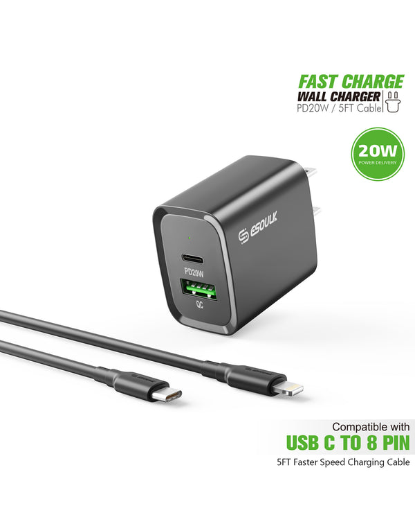 Encuentra el adaptador de pared Esoulk USB C+A PD/QC con cable USB C-L en Guatemala para cargas rápidas y eficientes.