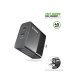 Cargador de pared dual USB-C PD Esoulk 45W negro, carga rápida para dispositivos móviles y tabletas.