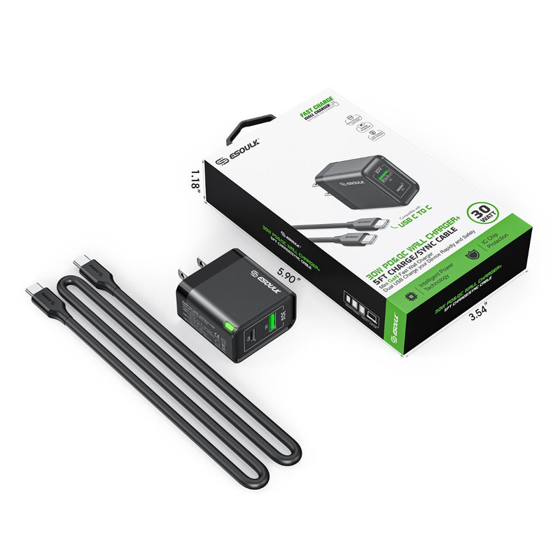 Encuentra el cargador de pared Esoulk PD&QC de 30W con cable USB-C de 5ft en Guatemala para cargar tus dispositivos de forma rápida y segura.