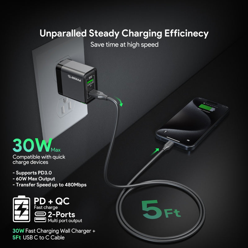 Encuentra el cargador de pared Esoulk PD&QC de 30W con cable USB-C de 5ft en Guatemala para cargar tus dispositivos de forma rápida y segura.