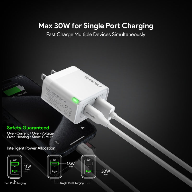 Encuentra el cargador de pared Esoulk PD&QC de 30W en Guatemala con cable USB C-C blanco de 5 pies.