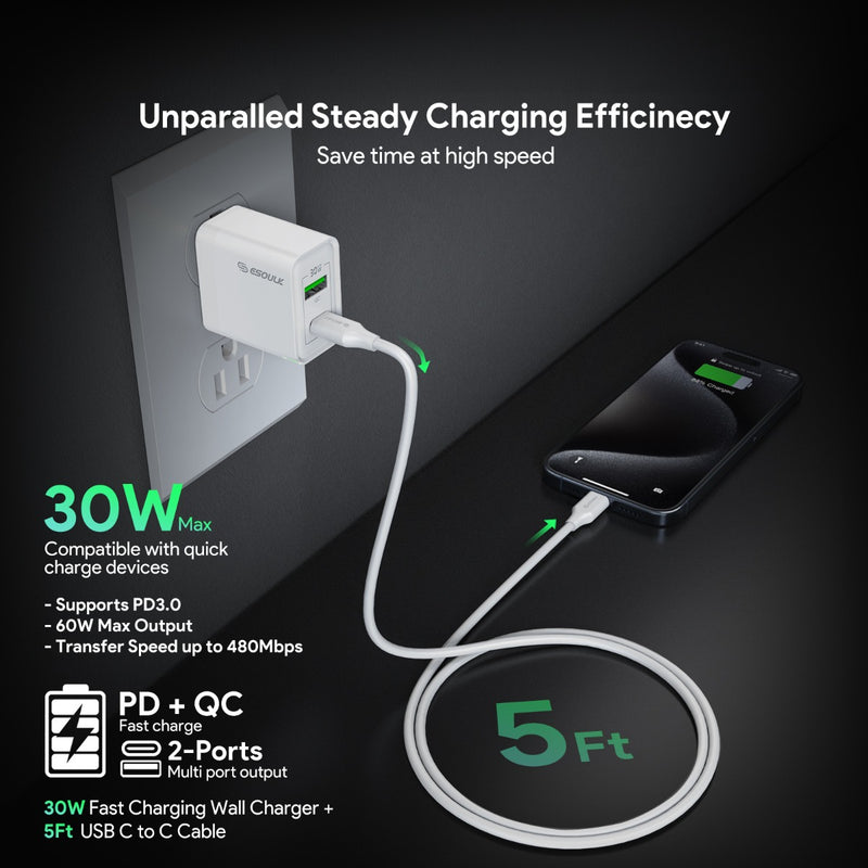 Encuentra el cargador de pared Esoulk PD&QC de 30W en Guatemala con cable USB C-C blanco de 5 pies.