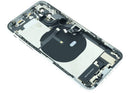 Tapa trasera plateada usada para iPhone XS (A1920, A2097) con puerto de carga y componentes preinstalados.