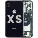 Tapa trasera Space Gray usada para iPhone XS (A1920, A2097) con puerto de carga y componentes preinstalados.