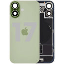 Tapa trasera de repuesto para iPhone 17 Sage, vidrio verde con orificio de cámara y logo Apple.
