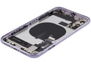 Tapa trasera morada usada para iPhone 11 (A2111) con puerto de carga flex y pequeñas piezas, ideal para reparación.