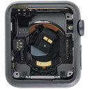 Chasis de aluminio negro espacial usado para Apple Watch Series 1, 38mm, modelo A1553, con tapa trasera.