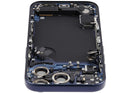 Tapa trasera azul profundo usada para iPhone 17 Pro A3256 con puerto de carga y pequeñas piezas.
