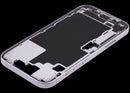 Mid-frame housing iPhone 17 lavanda, con puerto de carga y piezas pequeñas, repuesto OEM usado.