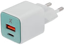 Cargador de pared GaN AmpSentrix Pro 30W USB-C y USB-A, color teal, con enchufe europeo.