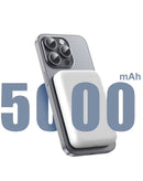 Batería portátil POMGEAR MagPower PD+ blanca de 5000mAh, carga inalámbrica y rápida para dispositivos móviles.