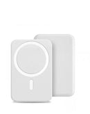 Batería portátil POMGEAR MagPower PD+ blanca de 5000mAh, carga inalámbrica y rápida para dispositivos móviles.
