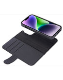 Funda wallet xBase Folio Exec negra para iPhone 15, con ranuras para tarjetas y cierre magnético.