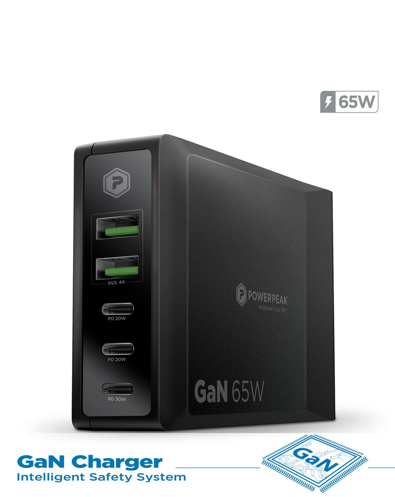 Encuentra en Guatemala el cargador Powerpeak de 65W con 5 puertos para cargar múltiples dispositivos.