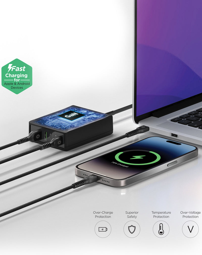 Encuentra en Guatemala el cargador Powerpeak de 65W con 5 puertos para cargar múltiples dispositivos.