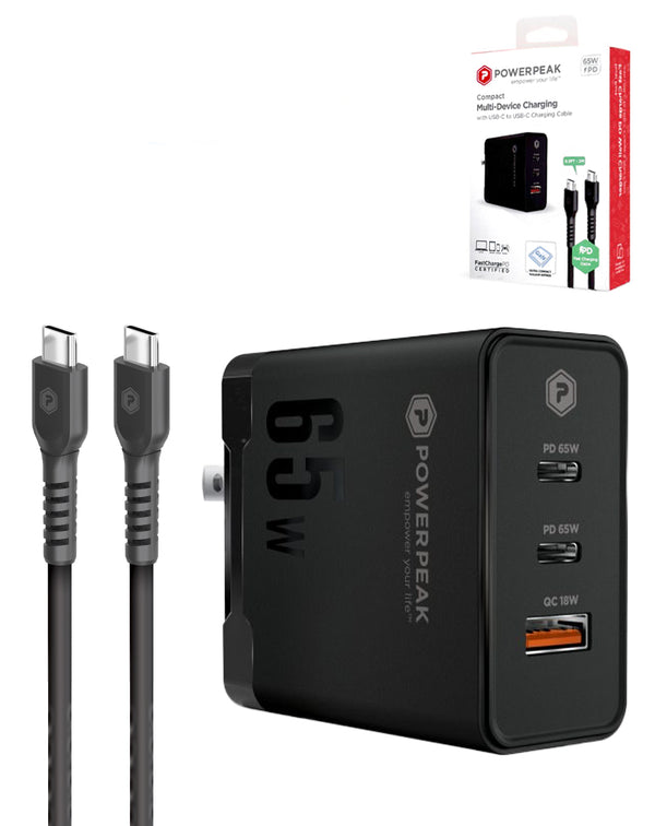 Encuentra el Cargador PowerPeak Triple Port GAN de 65W con cable USB-C de 6ft en Guatemala para tus dispositivos electrónicos.