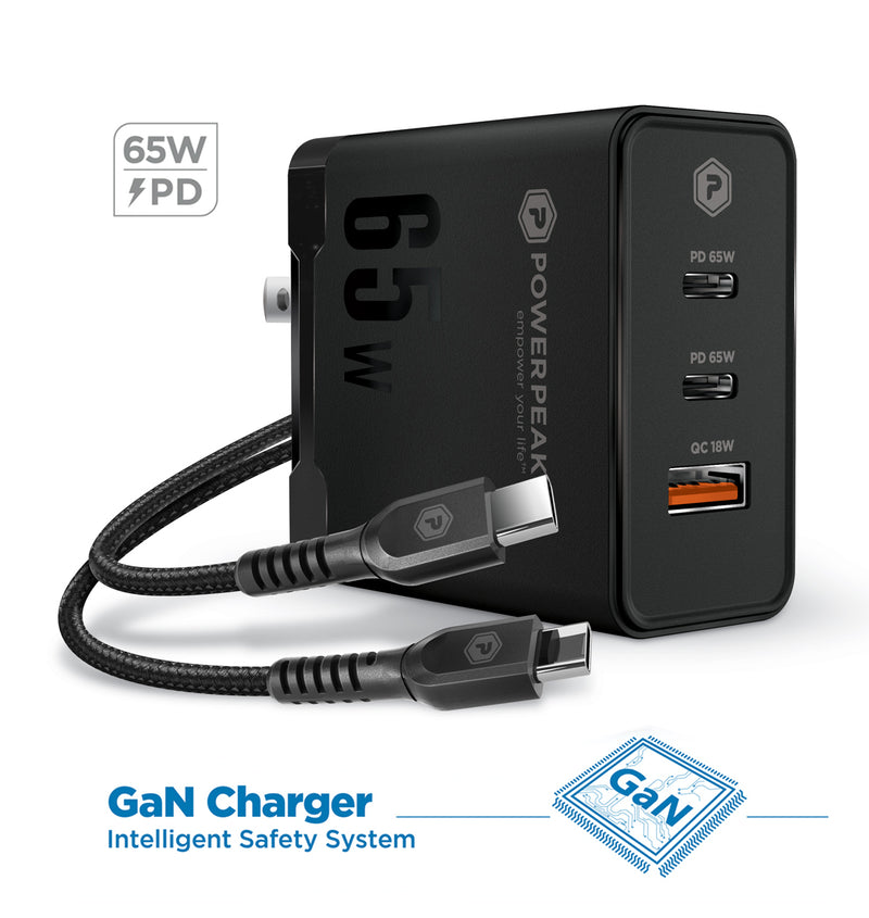 Encuentra el Cargador PowerPeak Triple Port GAN de 65W con cable USB-C de 6ft en Guatemala para tus dispositivos electrónicos.