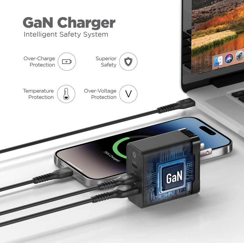 Encuentra el Cargador PowerPeak Triple Port GAN de 65W con cable USB-C de 6ft en Guatemala para tus dispositivos electrónicos.