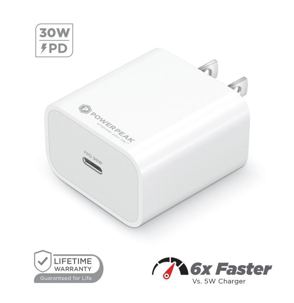 Encuentra el cargador de pared ultra rápido PowerPeak de 30W con cable USB C-C de 6 pies en Guatemala para tus dispositivos.