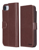 Funda cartera xBase marrón de cuero para iPhone 16e/17e, con ranuras para tarjetas y cierre magnético.
