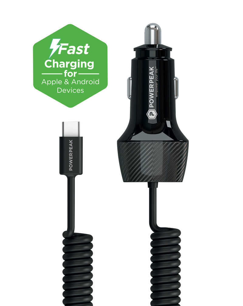 Encuentra cargadores de coche enrollados PowerPeak ECONOMY PD con cable USB-C de 30W en Guatemala.
