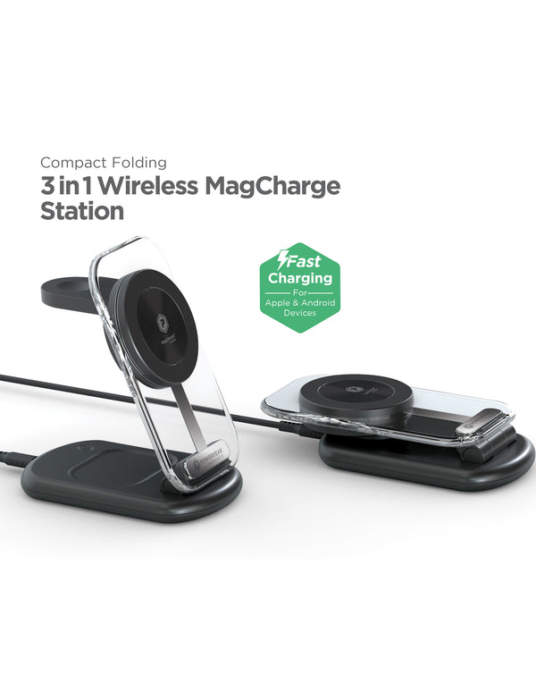 Estación de carga plegable 3 en 1 MagCharge PowerPeak para iPhone, Samsung y Huawei en Guatemala.