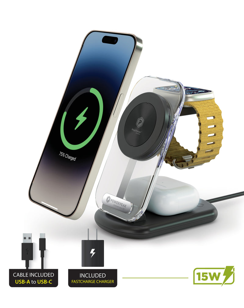 Estación de carga plegable 3 en 1 MagCharge PowerPeak para iPhone, Samsung y Huawei en Guatemala.