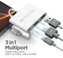 Adaptador USB C a HDMI PowerPeak 3 en 1, con puertos USB y USB-C, color gris, para monitores y periféricos.
