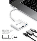 Adaptador USB C a HDMI PowerPeak 3 en 1, con puertos USB y USB-C, color gris, para monitores y periféricos.