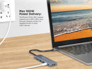 Splitter USB C PowerPeak 6 en 1 a HDMI plateado, con puertos USB y lector de tarjetas.