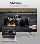 Splitter USB C PowerPeak 6 en 1 a HDMI plateado, con puertos USB y lector de tarjetas.