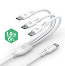 Cable splitter PowerPeak Type-C a 3 Type-C de 6ft, blanco, para carga y datos.