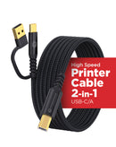 Cable de impresora PowerPeak 2 en 1 USB-A a USB-C de 6 pies, negro, para carga y datos.