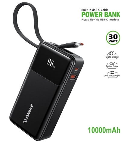 Compra el Powerbank Esoulk de 10000mAh con cable USB-C incorporado en Guatemala para mayor comodidad y durabilidad.