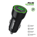 Cargador de auto Esoulk negro de 20W con puertos USB-A y USB-C, carga rápida PD y QC.