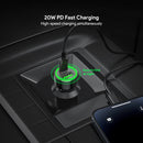 Cargador de auto Esoulk negro de 20W con puertos USB-A y USB-C, carga rápida PD y QC.