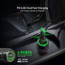 Cargador de auto Esoulk negro de 20W con puertos USB-A y USB-C, carga rápida PD y QC.