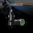 Cargador de auto Esoulk negro de 20W con puertos USB-A y USB-C, carga rápida PD y QC.