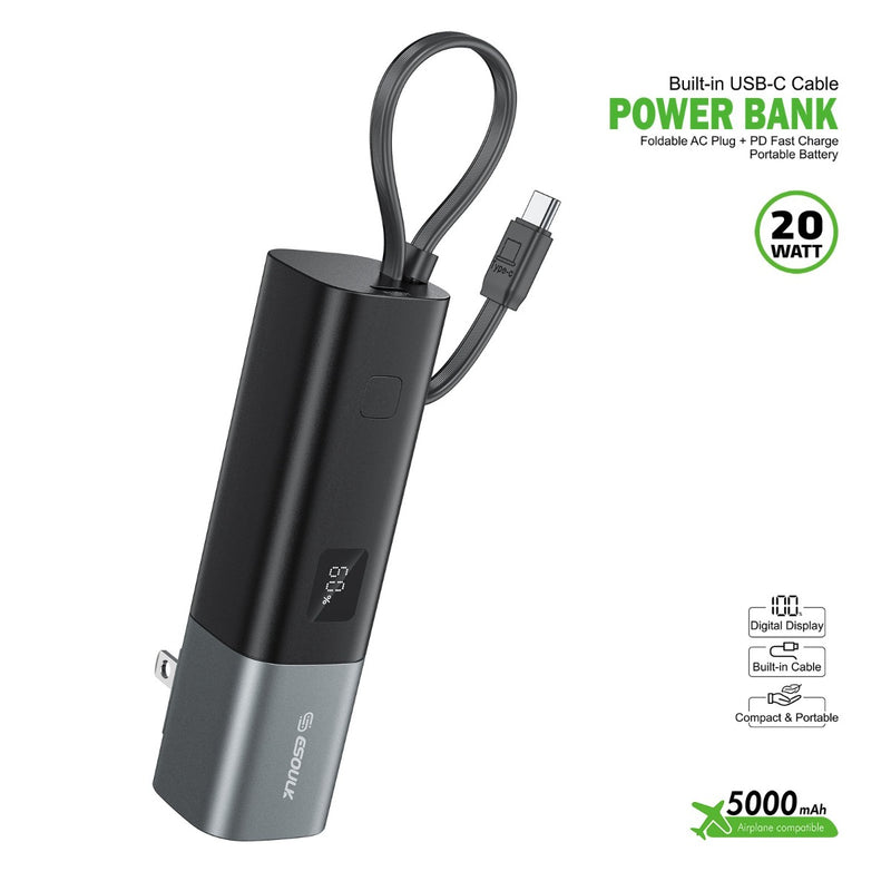 Powerbank Esoulk con enchufe de pared AC plegable USB-C de 5000mAh en Guatemala.