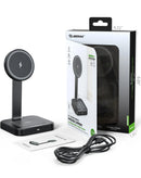 Cargador inalámbrico magnético Esoulk 2-en-1 negro de 15W, ideal para cargar smartphones y auriculares simultáneamente.