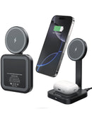 Cargador inalámbrico magnético Esoulk 2-en-1 negro de 15W, ideal para cargar smartphones y auriculares simultáneamente.