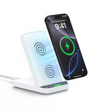 Soporte de carga inalámbrico rápido POMGEAR de 10W en color blanco para smartphones y accesorios.