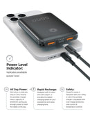 Batería externa PowerPeak negra de 5000 mAh con dos puertos USB, ideal para carga de dispositivos móviles.