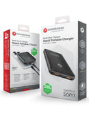 Batería externa PowerPeak negra de 5000 mAh con dos puertos USB, ideal para carga de dispositivos móviles.