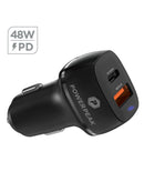 Encuentra el cargador de auto PowerPeak de doble puerto con power delivery (48W) en Guatemala para cargar tus dispositivos rápidamente.