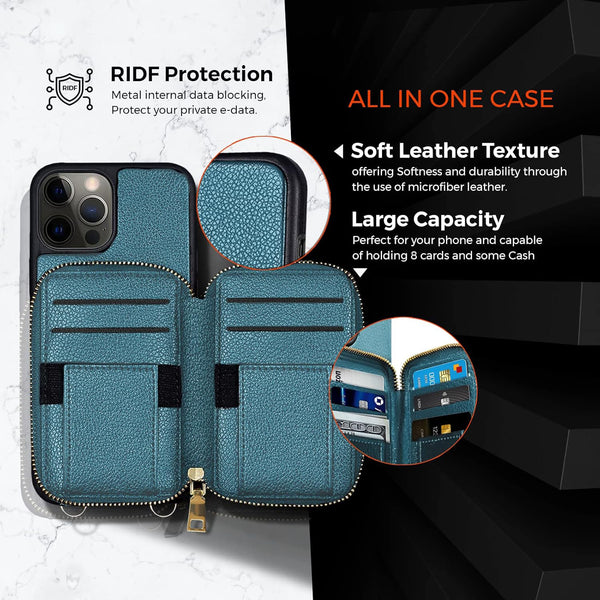 Encuentra la mejor funda tipo bolso transversal con cremallera TEAL para iPhone 14 Pro Max en Guatemala.